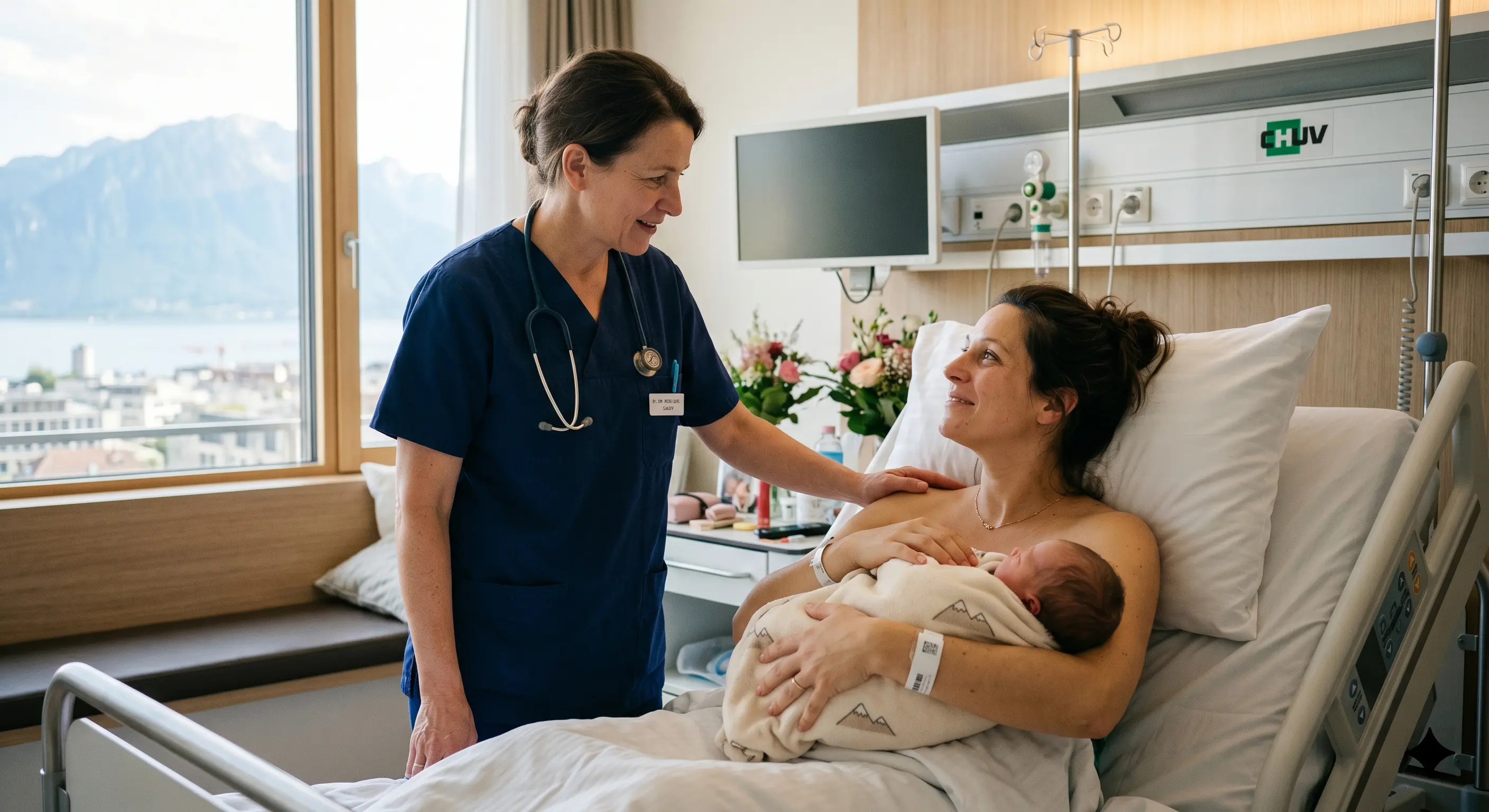 Mère rassurée avec son bébé après un accouchement compliqué couvert par l'assurance prénatale en Suisse