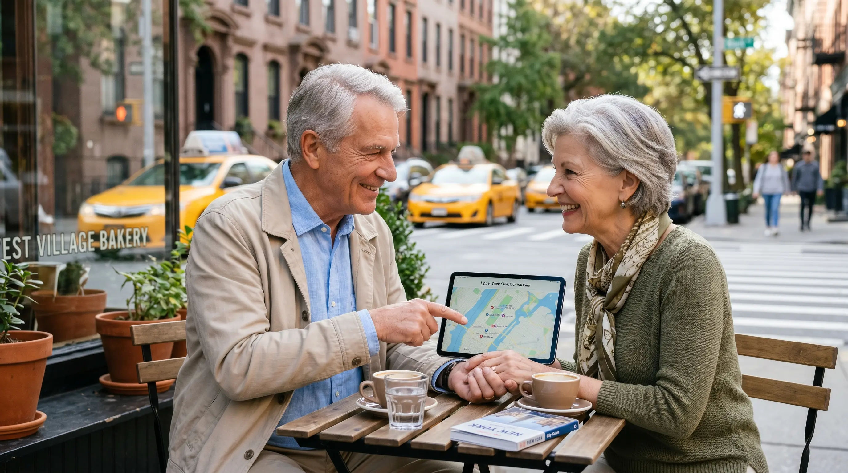 Un couple de séniors suisses sereins planifie son voyage aux USA/Canada dans un café, illustrant la tranquillité d'esprit apportée par une bonne assurance voyage couvrant les frais médicaux catastrophiques.