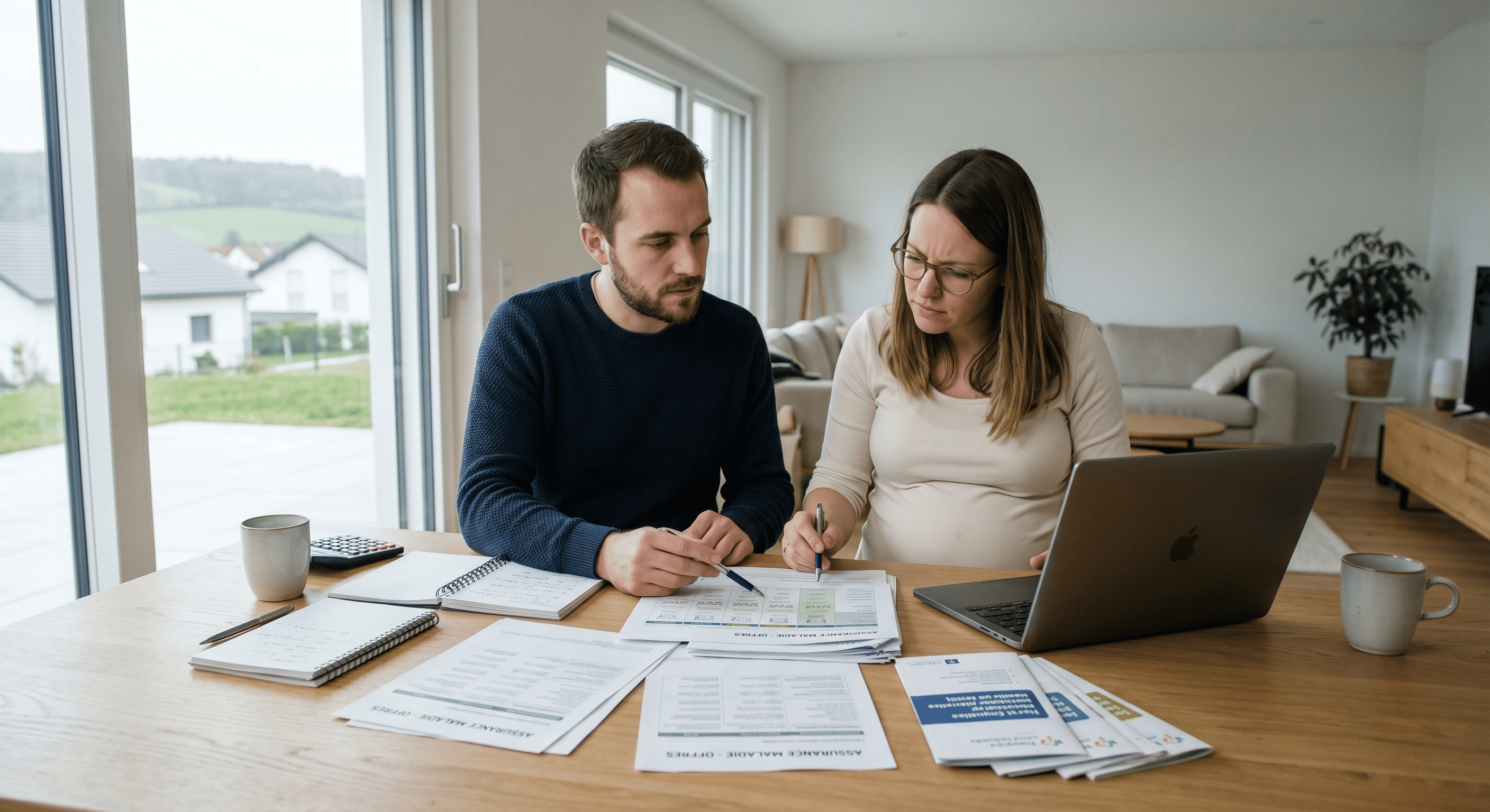 Couple comparant une assurance prénatale en Suisse pour choisir la meilleure couverture bébé