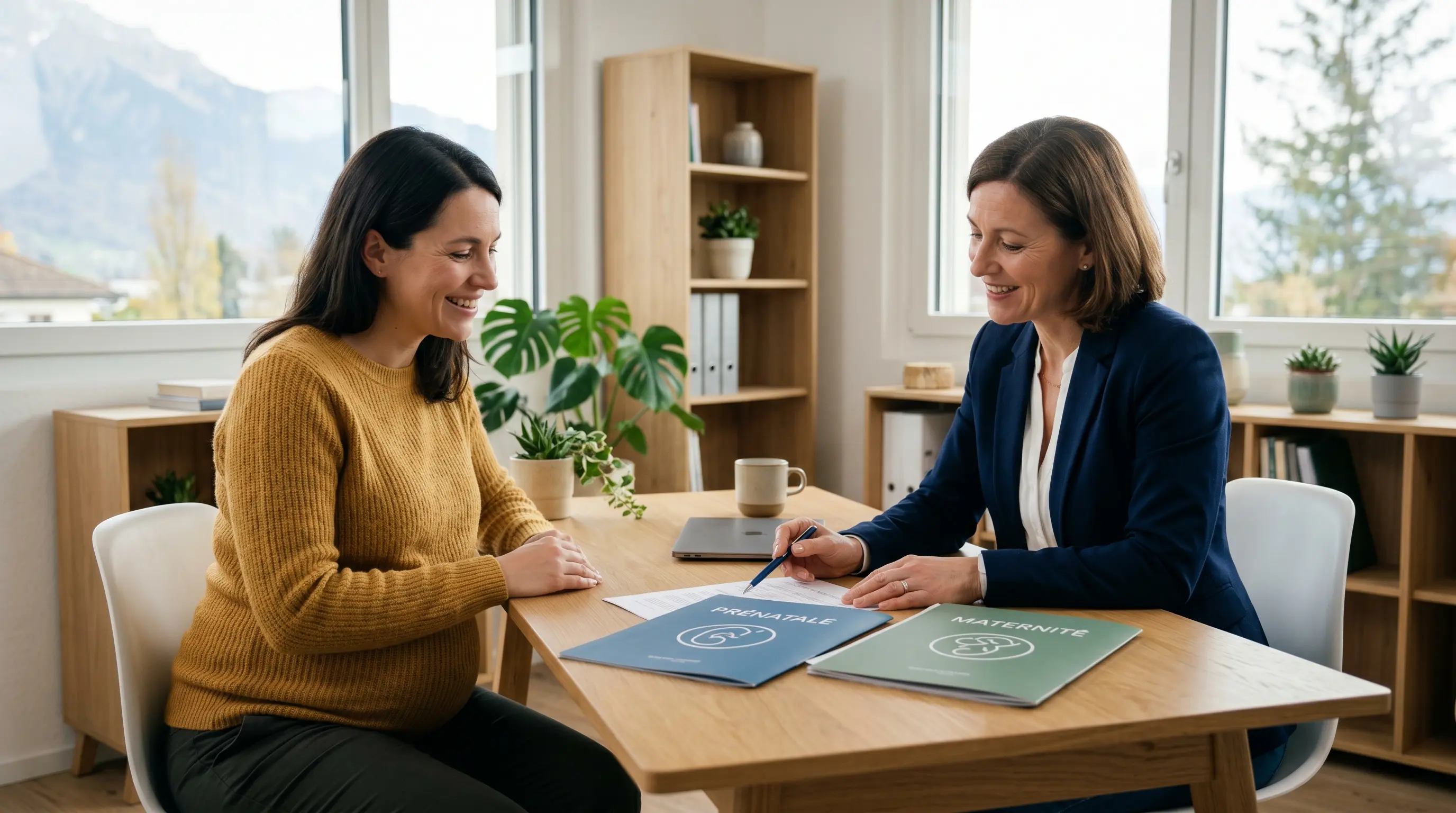 Une femme enceinte souriante et rassurée comprend la différence entre l'assurance prénatale et l'assurance maternité grâce aux explications claires d'une conseillère en Suisse.